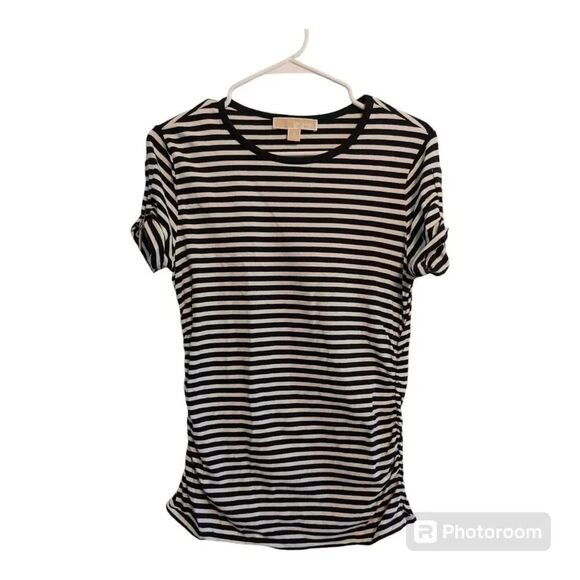MICHAEL MICHAEL KORS Womens Black Striped Short Sleeve Crew Neck T-Shirt Medium - Picture 1 of 6